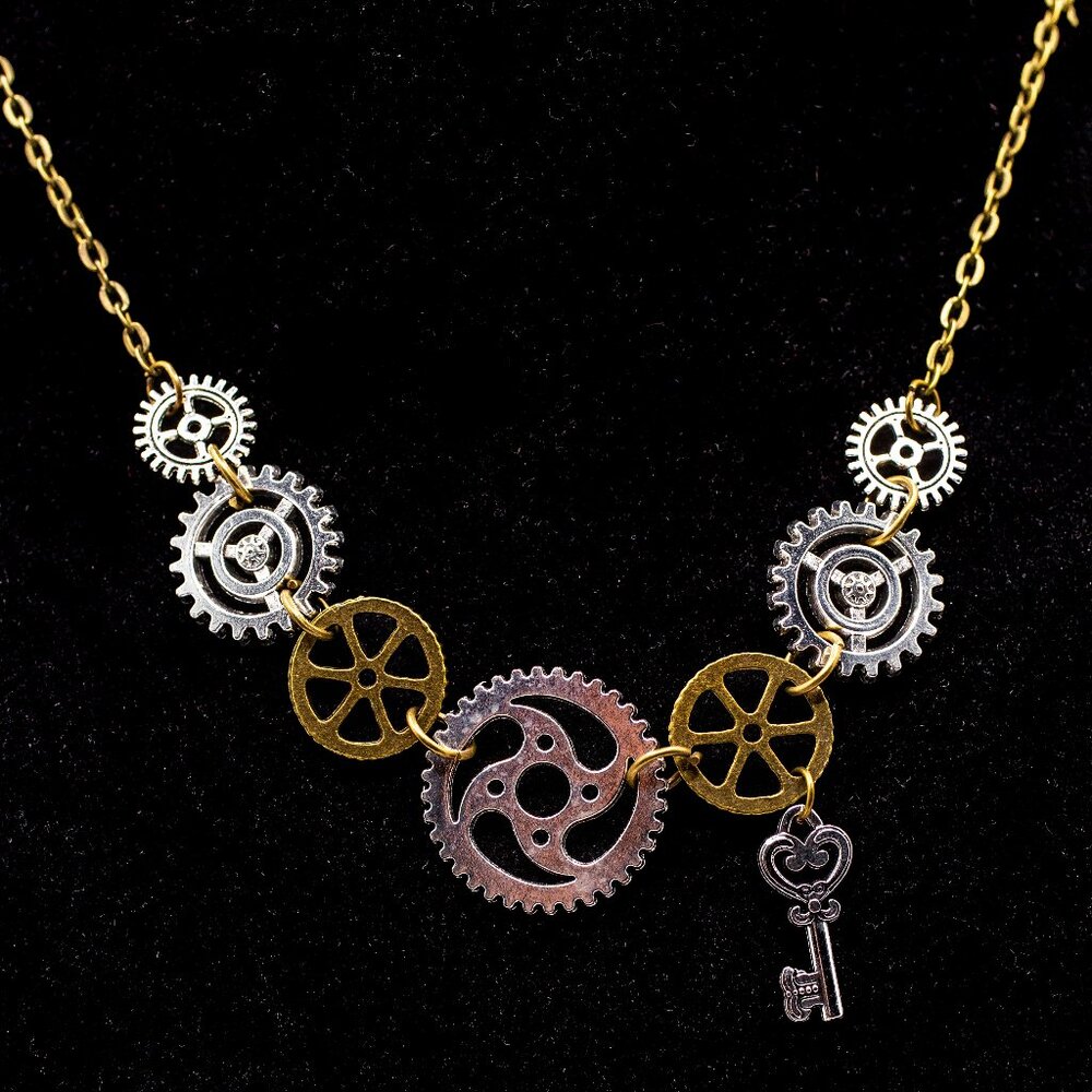 Handmade Two-Tone Steampunk Gears & Key Necklace, New